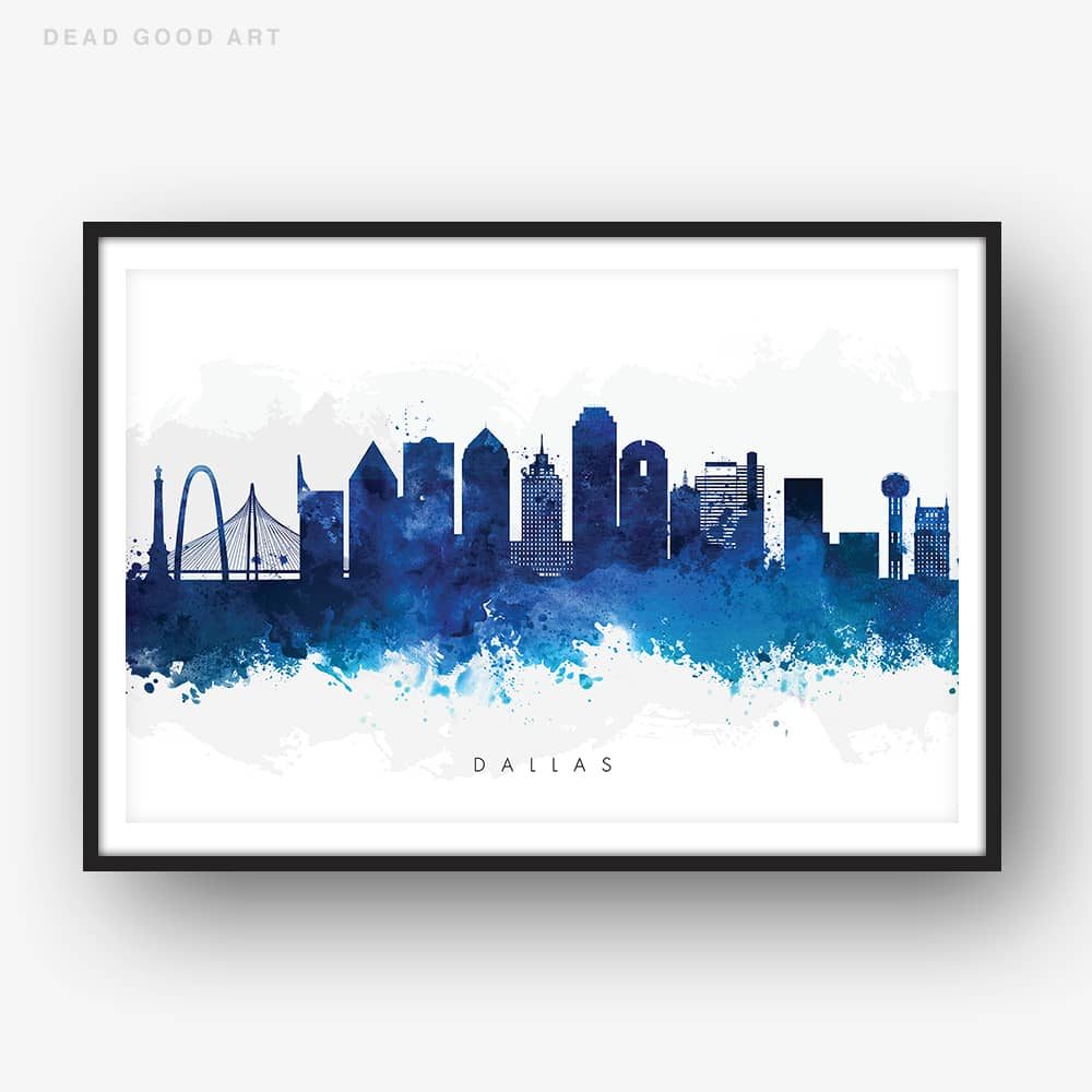 1000x1000 Dallas Skyline, Blue Watercolor Print Dead Good Art