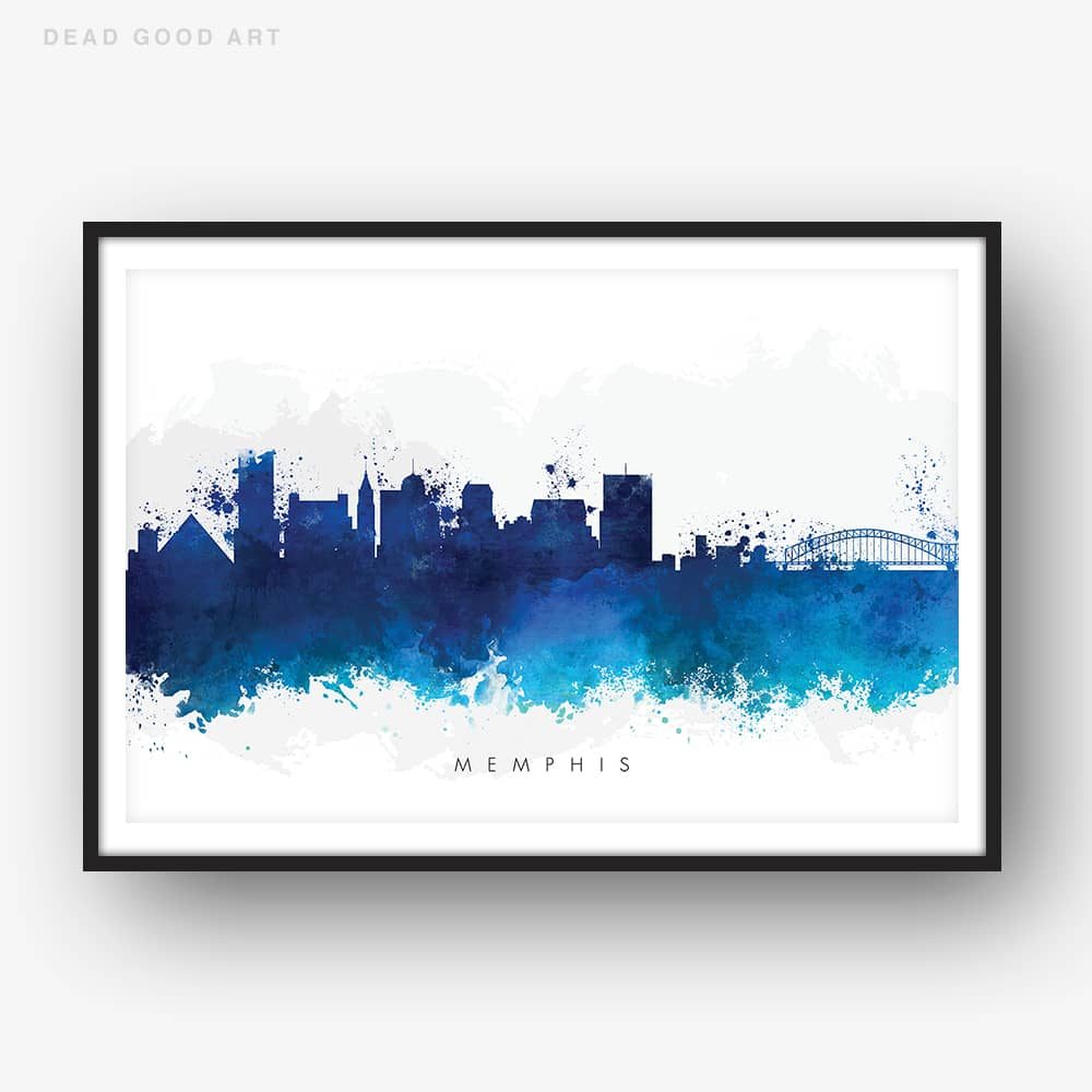 1000x1000 Memphis Skyline, Blue Watercolor Print Dead Good Art