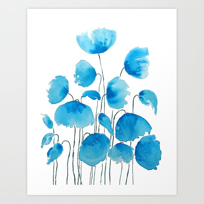 700x700 Blue Poppy Field Watercolor Art Print By Colorandcolor Society6