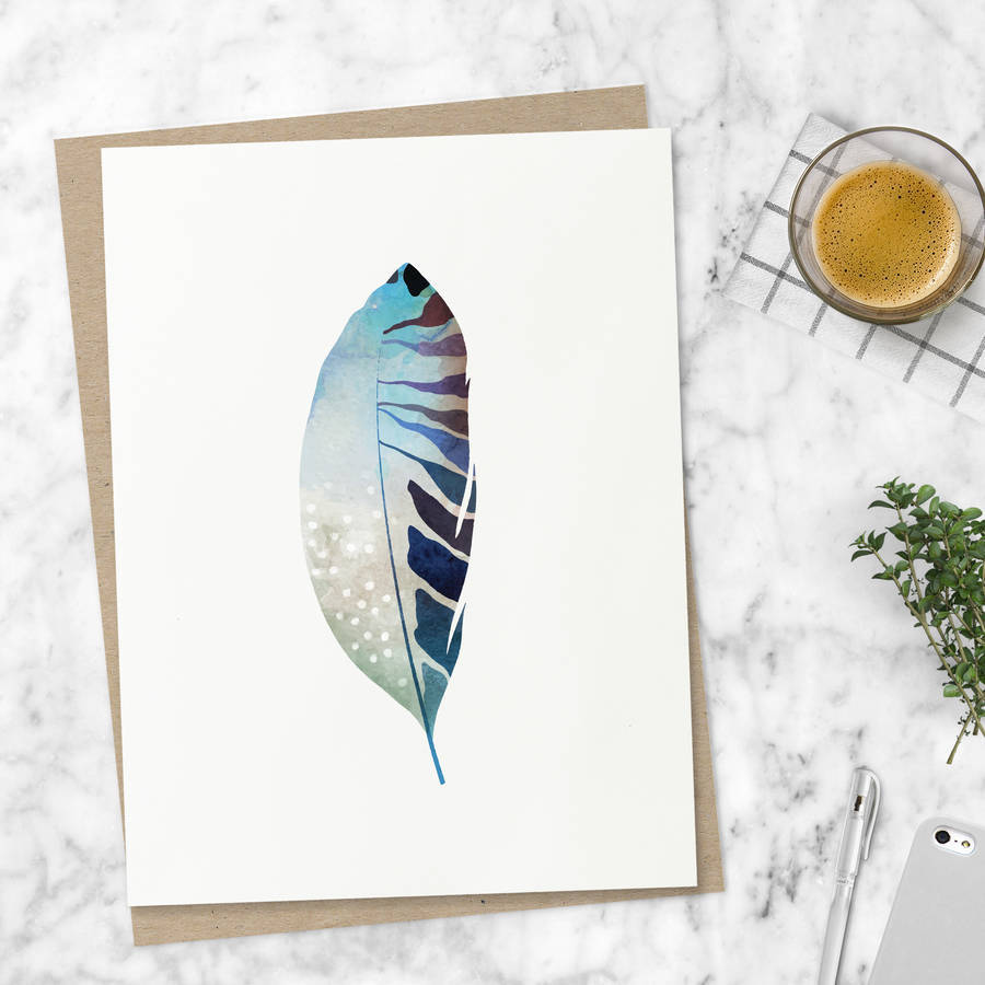 900x900 Blue Watercolour Illustration Feather Print By The Motivated Type