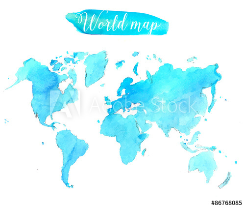 500x423 Blue Watercolor World Map. Vector Artistic Illustration.