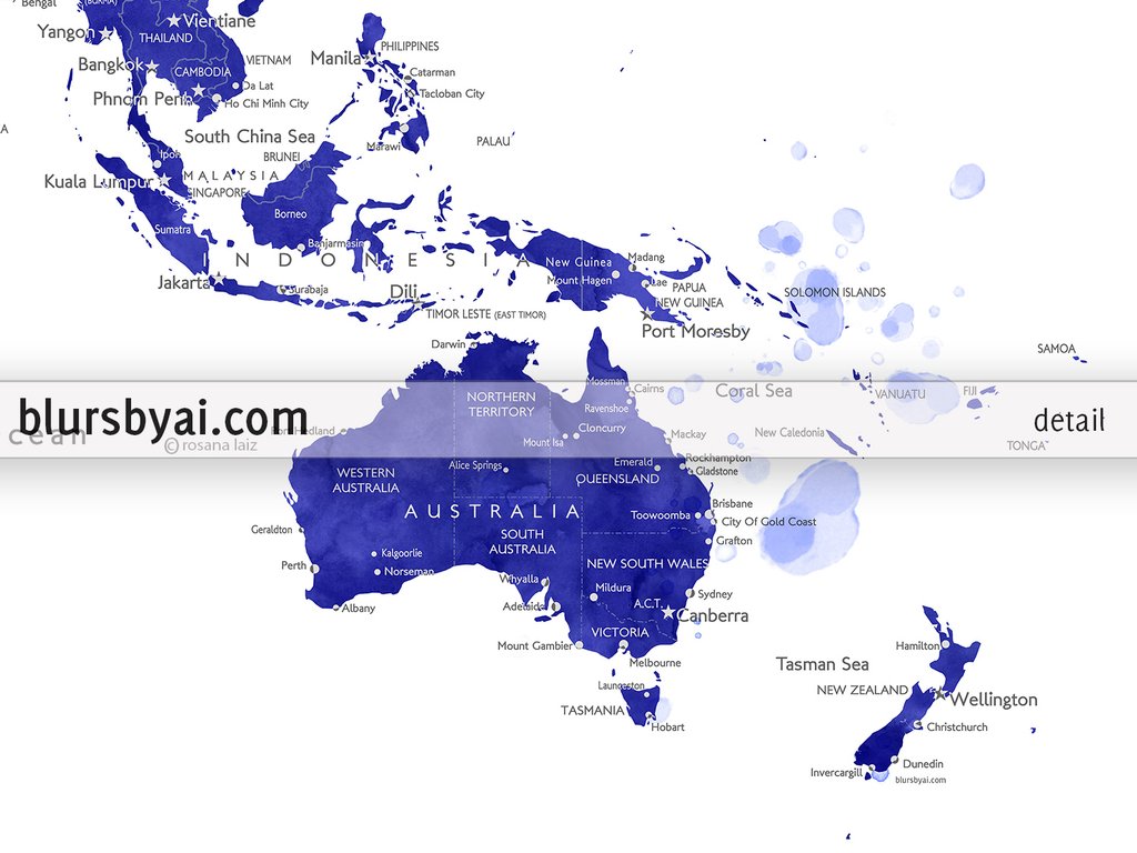 1024x768 Canvas Print Of A Navy Blue Watercolor World Map With Cities