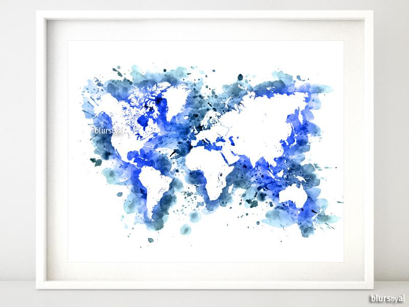 800x600 Cobalt Blue Watercolor World Map In Distressed Strokes Blursbyai