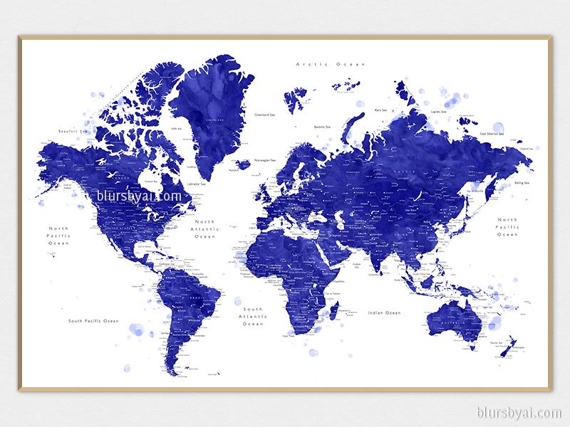 800x600 Navy Blue Watercolor World Map Print With Cities, Ronnie
