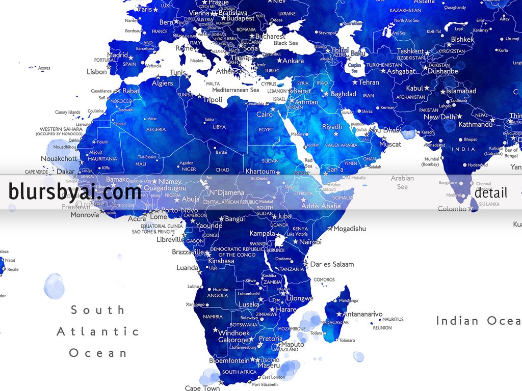 1024x768 Personalized Map Print Watercolor World Map With Cities In Navy