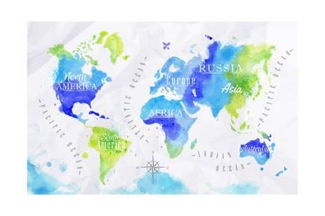 473x315 Watercolor World Map Green Blue Poster By Anna42f