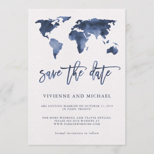 540x540 Blue Watercolor World Map Wedding Save The Date Blue Watercolor