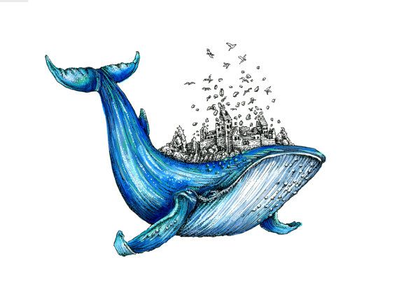 570x428 Blue Whale Art Print, Watercolor, Pen And Ink Illustration, 100