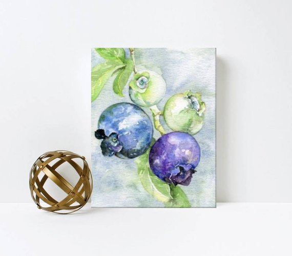 570x499 Blueberry Watercolor Print Watercolor Blueberries Kitchen Etsy