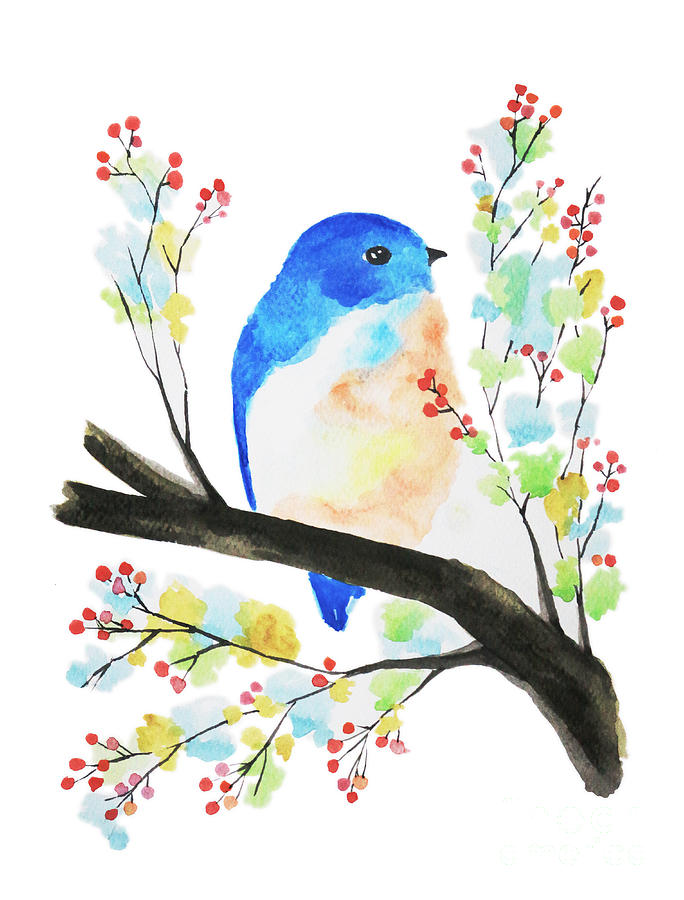684x900 Watercolor Blue Bird On Branch Painting By Rasirote Buakeeree