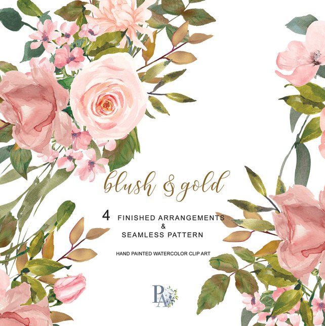 642x643 Watercolor Flower Clipart Blush Rose Gold Leaves Clipart Hand Etsy