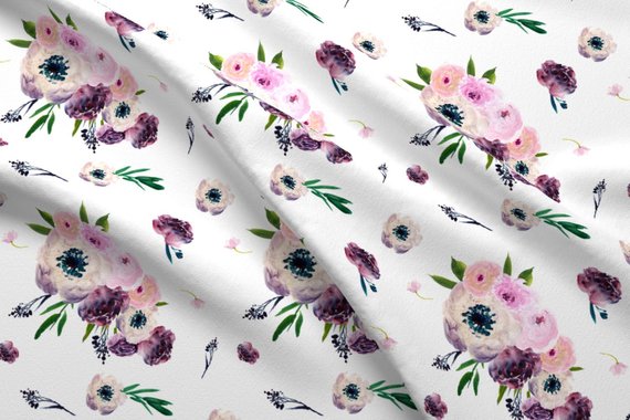 570x380 Boho Watercolor Fabric Dark Floral Print In White By Etsy