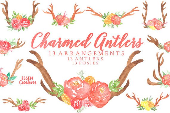 570x380 Bohemian Watercolor Antlers And Flowers Clipart Floral Etsy