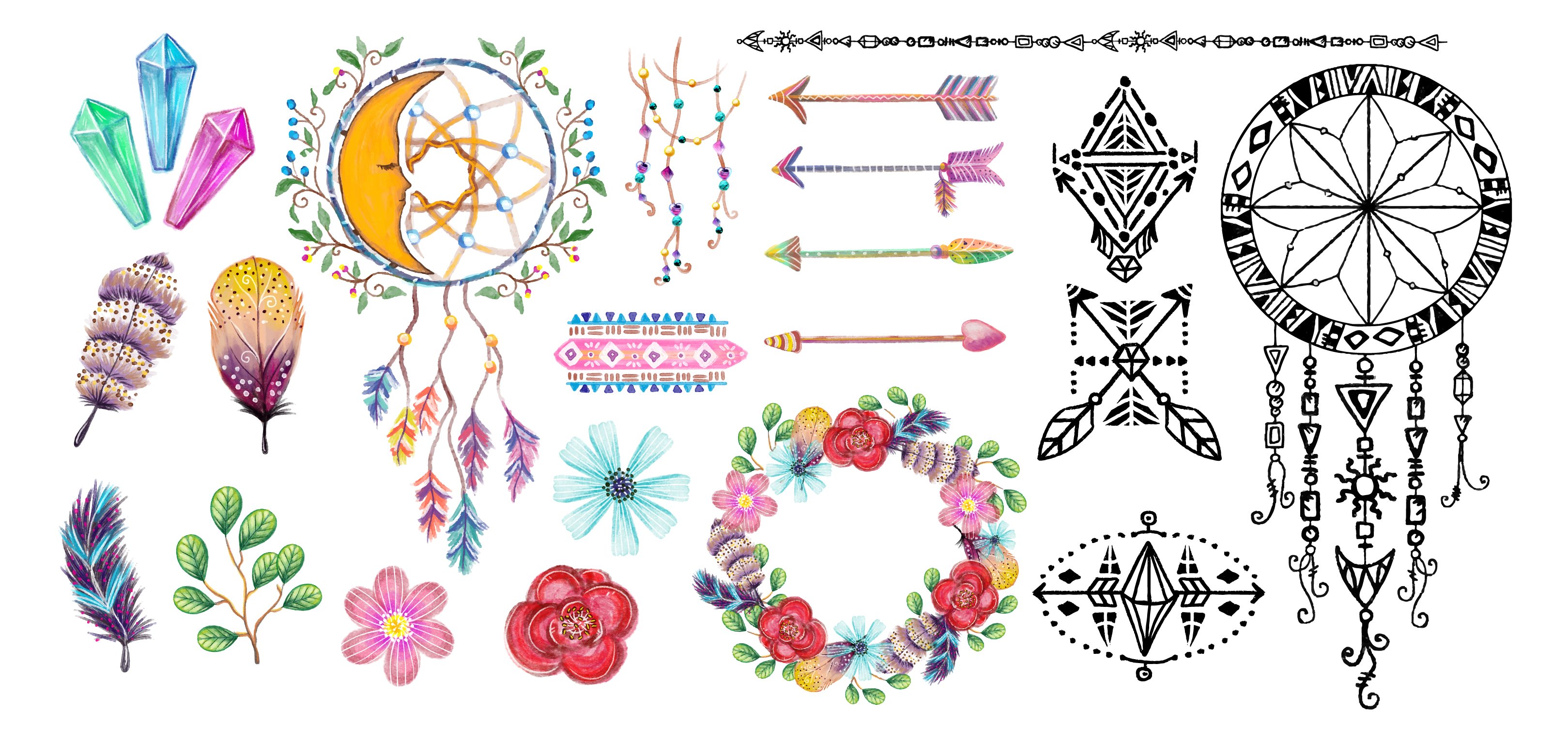3238x1529 Free Download Watercolor Bohemian Elements And Illustrations