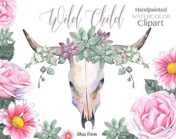 570x448 Watercolor Floral Bull Skull Wild Child Tribal Boho Etsy