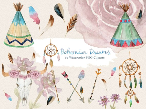 570x428 Bohemian Watercolor Clipart Boho Feather Tribal Arrow Gypsy Etsy