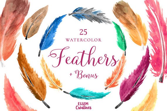 570x380 Bohemian Watercolor Feathers Clipart Boho Rustic Watercolor Etsy