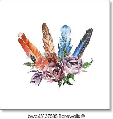 362x382 Art Print Of Watercolor Boho Chic Image Flowers, Feathers, Animal