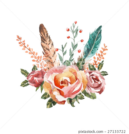 450x468 Watercolor Boho Chic Image Flowers, Feathers