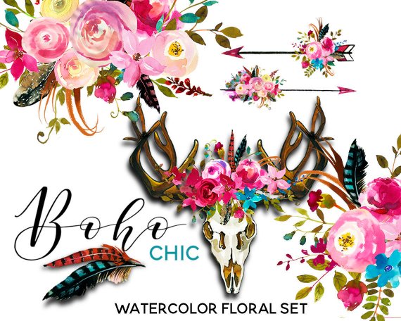 570x456 Boho Watercolor Clipart Pink Blue Flowers Deer Scull Horns Etsy