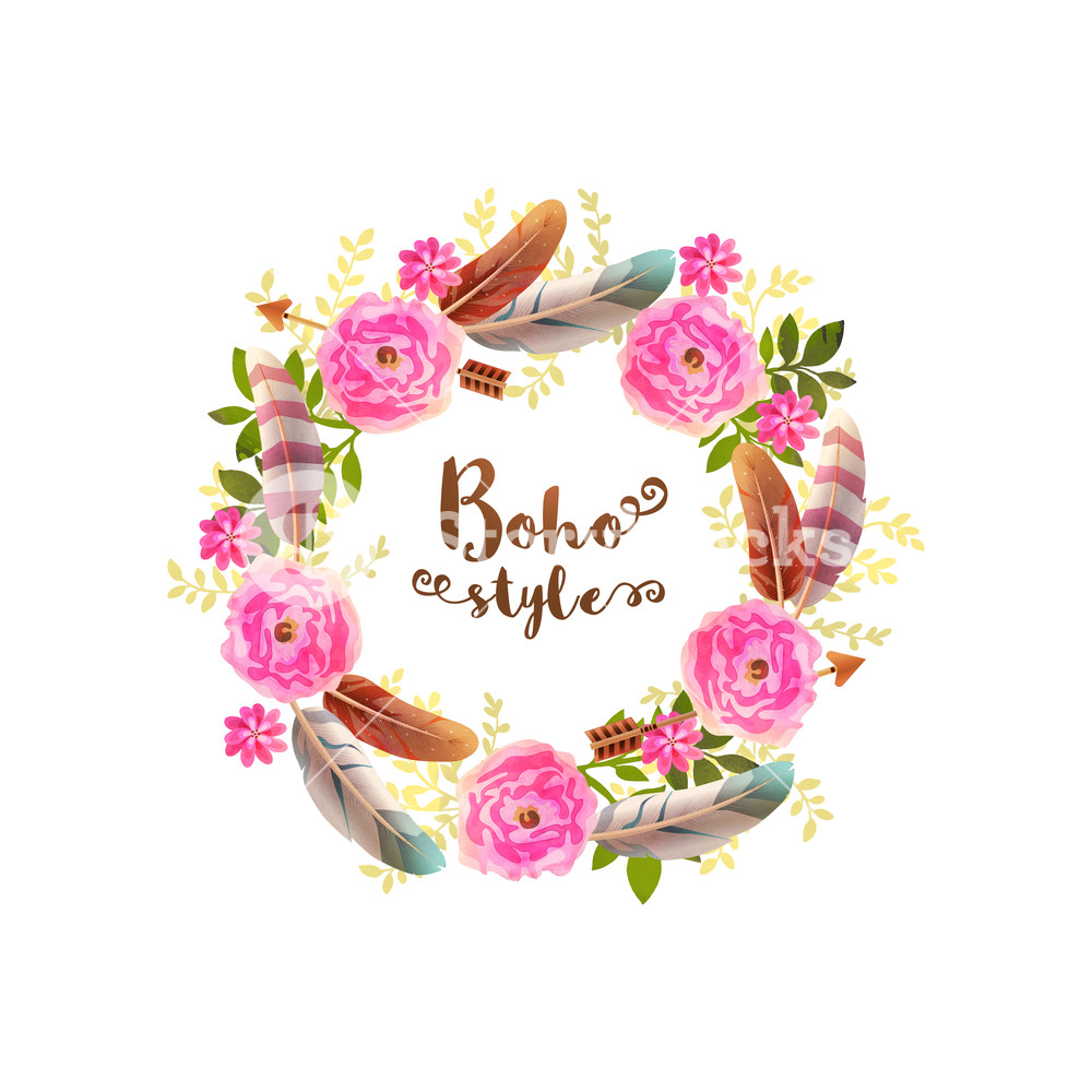 1000x1000 Boho Style Frame Made By Watercolor Flowers And Colorful Feathers