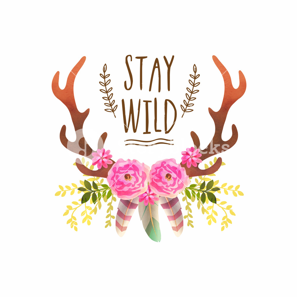 1000x1000 Boho Style Watercolor Flowers With Glossy Horns, Colorful Feathers