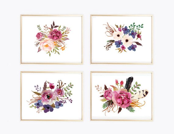 570x440 Boho Watercolor Flowers Print Wall Art Print Flowers Art Etsy