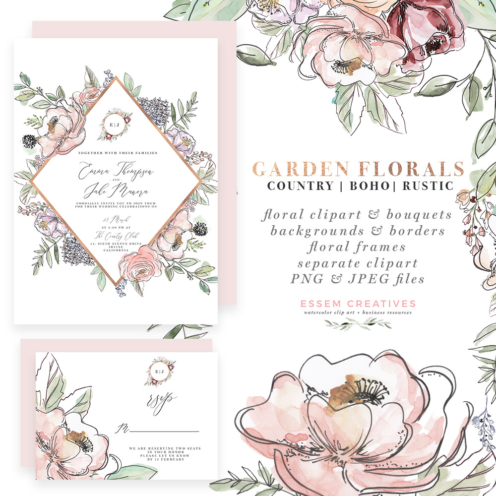 1000x1000 Garden Floral Watercolor Invitation Borders Papers Clipart