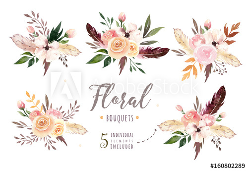500x345 Hand Drawing Isolated Boho Watercolor Floral Illustration With