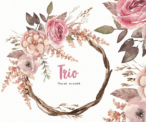 570x475 Watercolor Flower Wreath Trio. Hand Painted, Wedding Design
