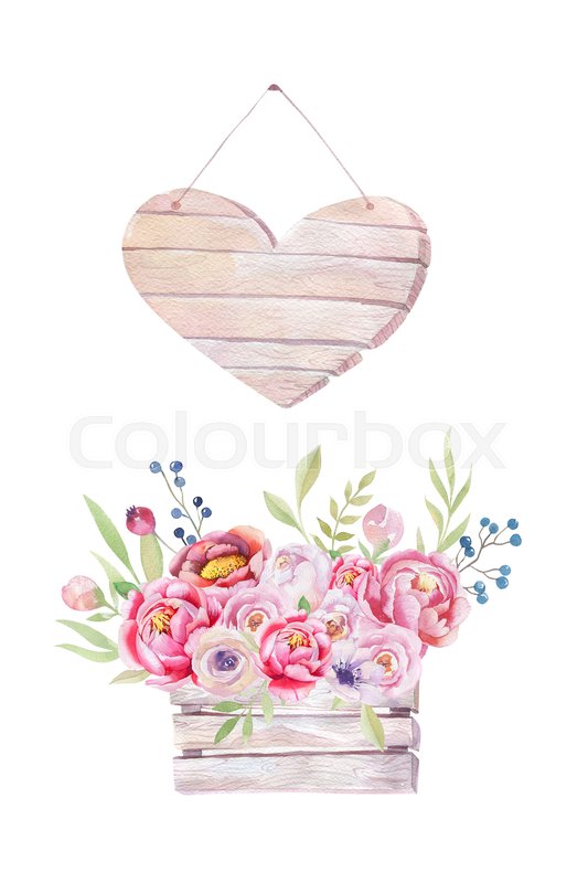 533x800 Watercolor Flowers Wooden Heart. Hand Drawn Chic Vintage Garden