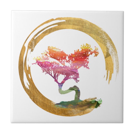 540x540 Bonsai Tree. Zen Enso Circle. Watercolor Art Ceramic Tile
