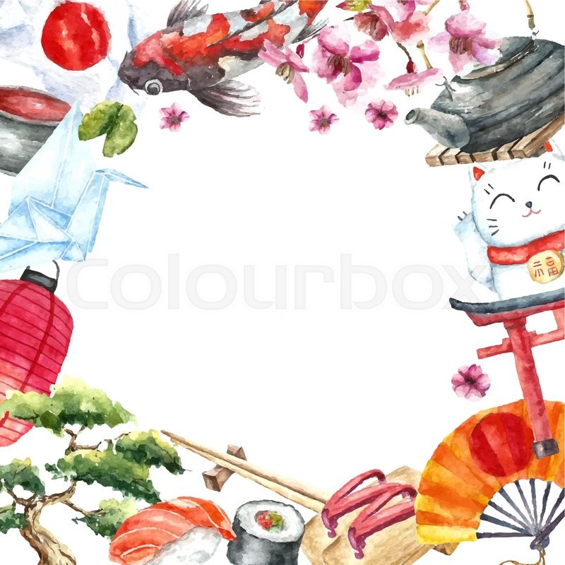 800x800 Watercolor Japanese Frame. Round Frame With Hand Draw Japanese
