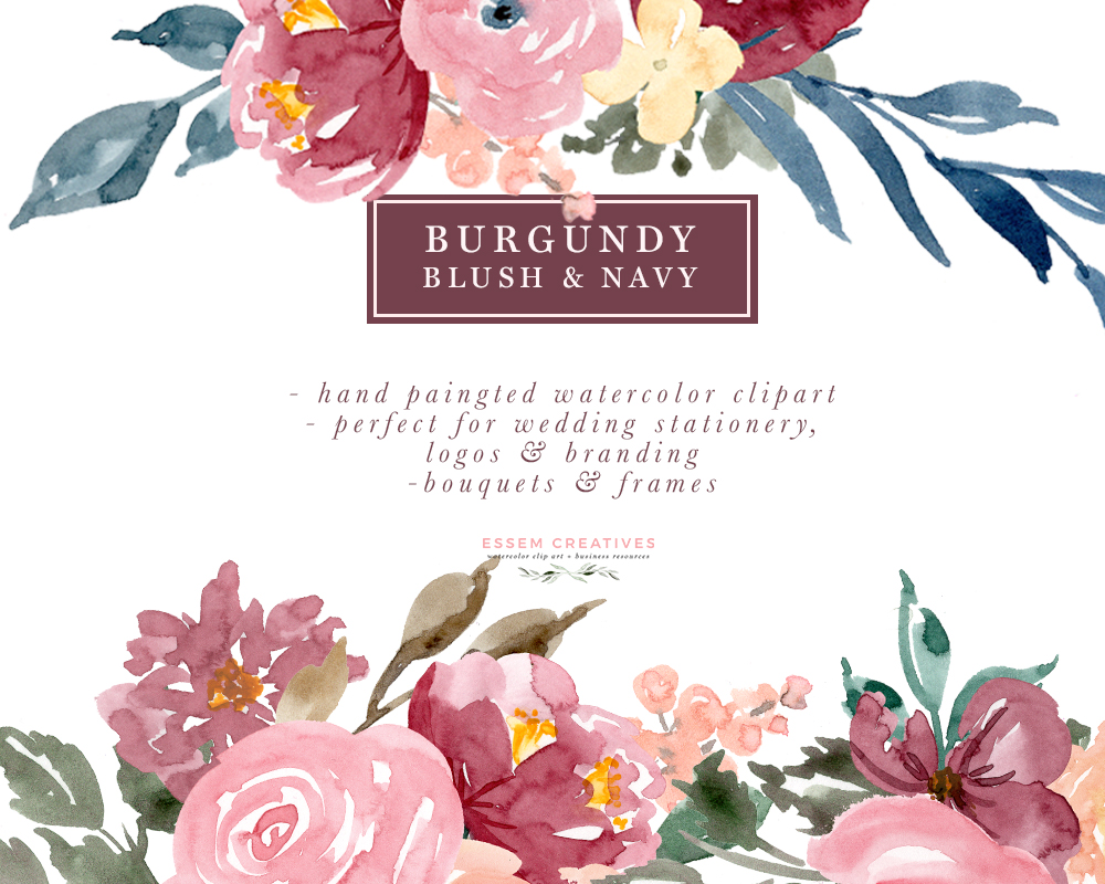 1000x800 Burgundy Blush Navy Floral Watercolor Bouquets Borders Corners Frames