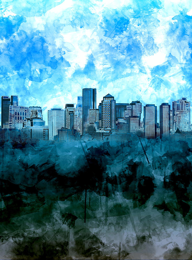 666x900 Boston Skyline Blue Watercolor Painting By Bekim Art