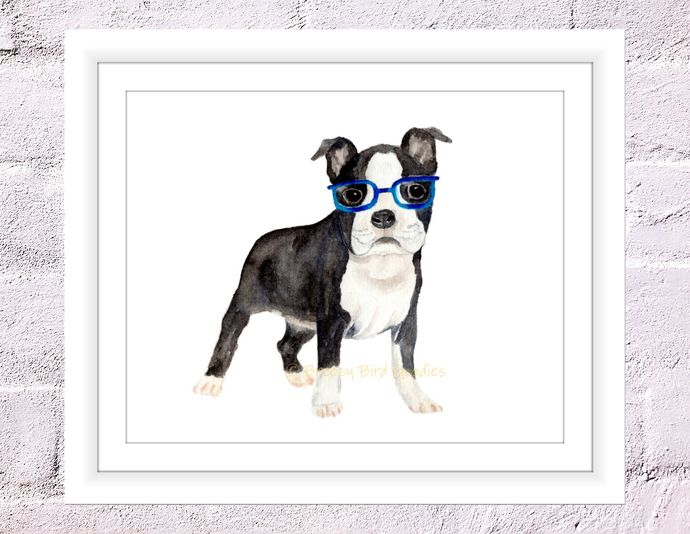 690x534 Boston Terrier In Blue Glasses Print, By Breezy Bird Goodies On Zibbet