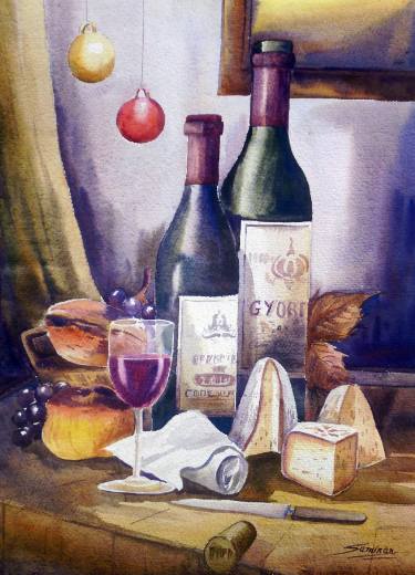 375x520 Wine Bottles, Wine Glass Amp Food Watercolor Painting Painting By