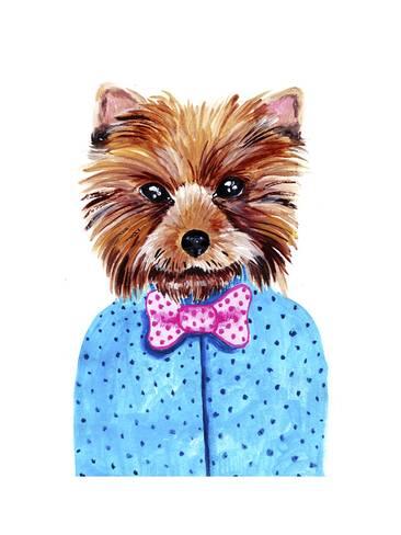 366x488 Cute Watercolor Yorkshire Terrier Portrait With Bow Tie. Formal