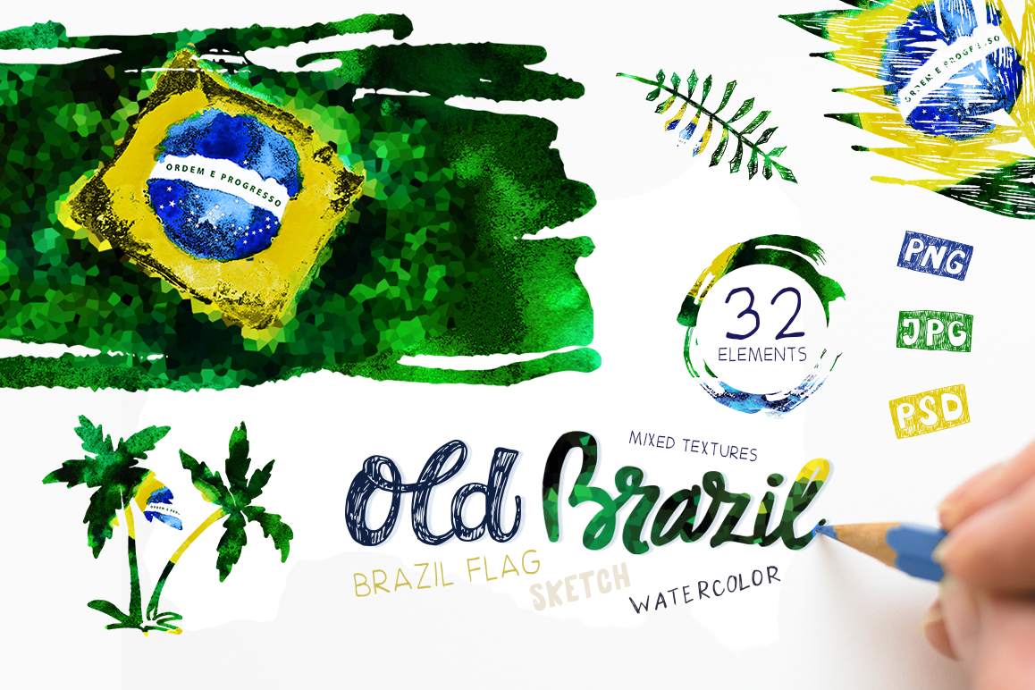 1158x772 Old Brazil. Watercolor Flag.