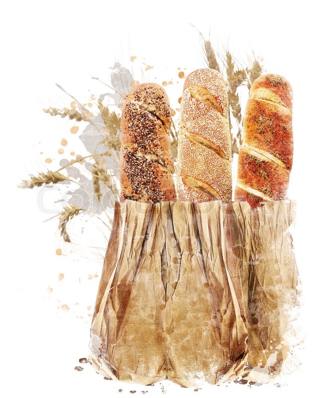629x800 Watercolor Digital Painting Of French Bread Loaves Stock Photo