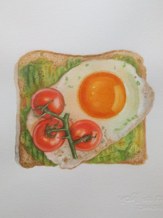570x760 Avocado Tomatoes Fried Egg Bread Watercolor Breakfast Toast Etsy