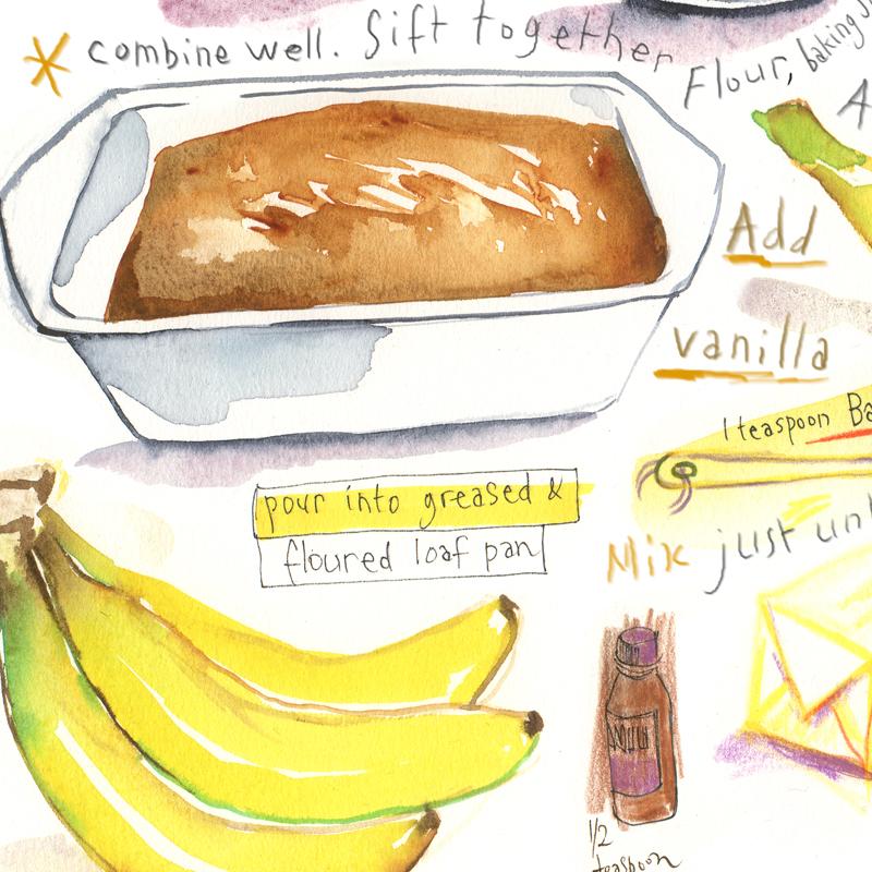 800x800 Banana Bread Recipe Watercolor Illustration Food Print Kitchen