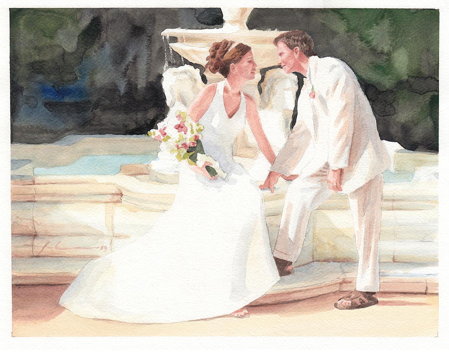 900x722 Bride Groom Fountain Watercolor Portrait Drawing By Mike Theuer