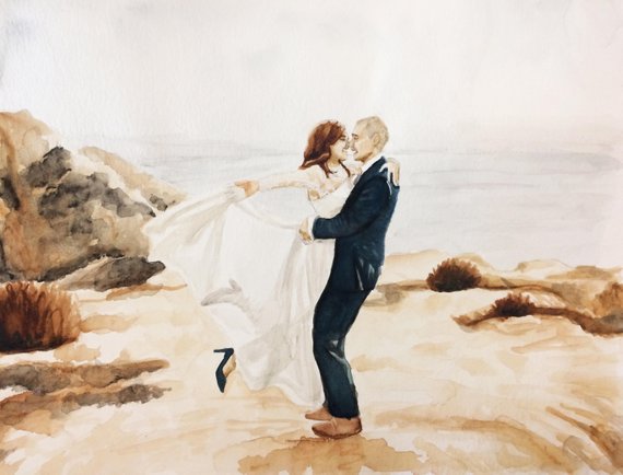 570x434 Bride And Groom Watercolor Painting Wedding Portrait Etsy
