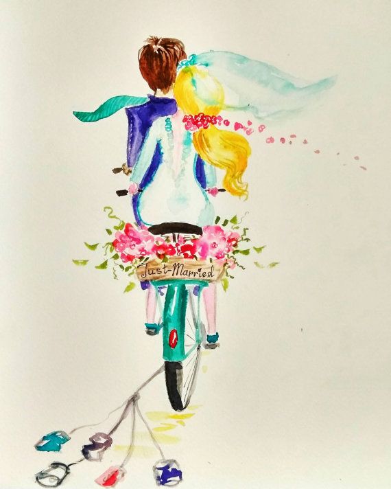 570x712 Just Married Original Watercolor Painting, Bicycle, Bike, Bride