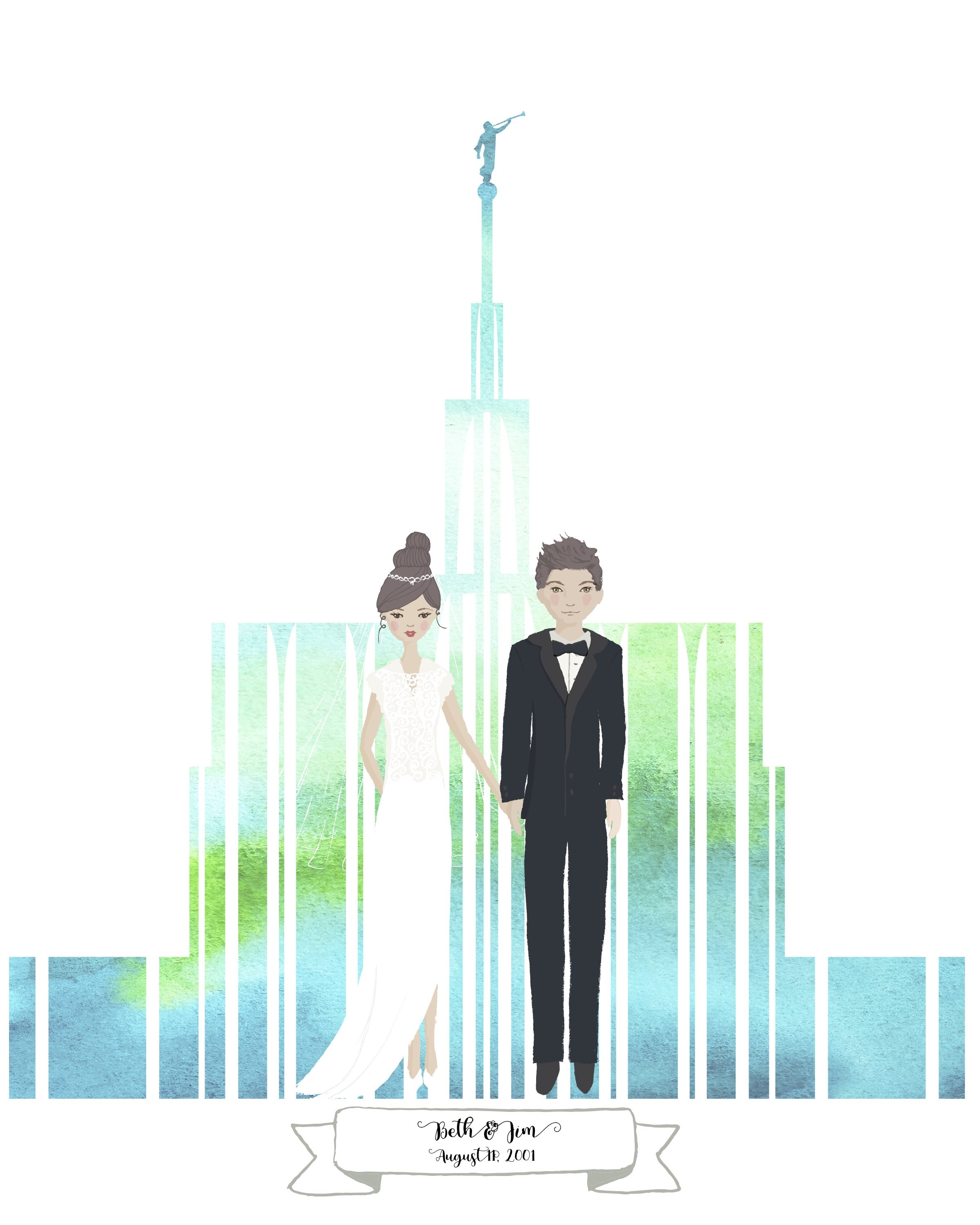 2400x3000 Watercolor Temple Wedding Portrait, Bride And Groom, Lds Wedding