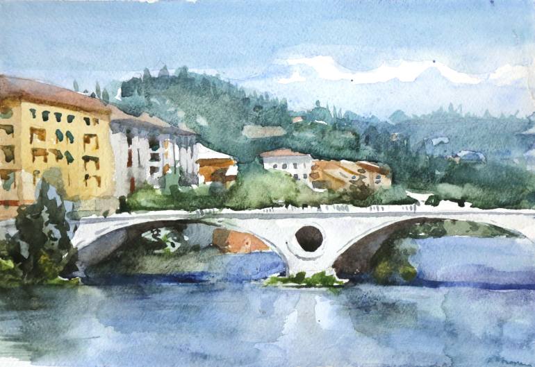 770x529 The Bridge In Verona. Watercolor Painting By George Mamchur