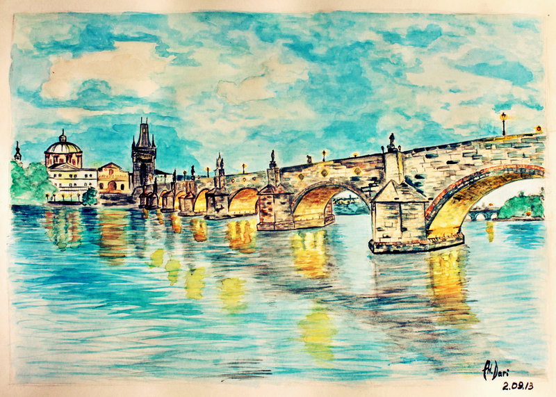 800x571 Bridge. Prague. Watercolor. By Anquirks