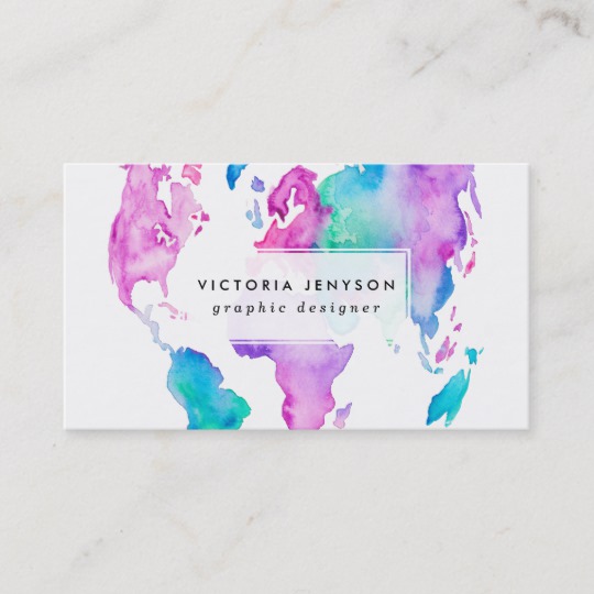 540x540 Modern World Map Globe Bright Watercolor Paint Business Card