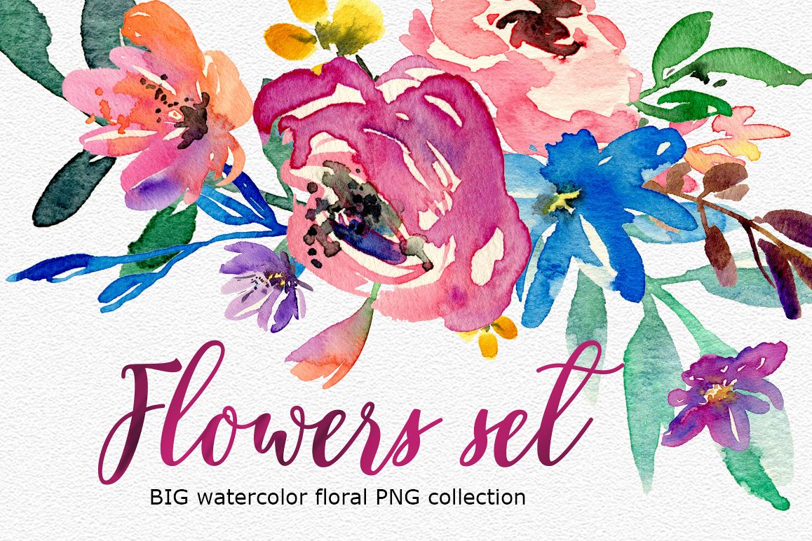1158x772 Bright Watercolor Flowers Big Set